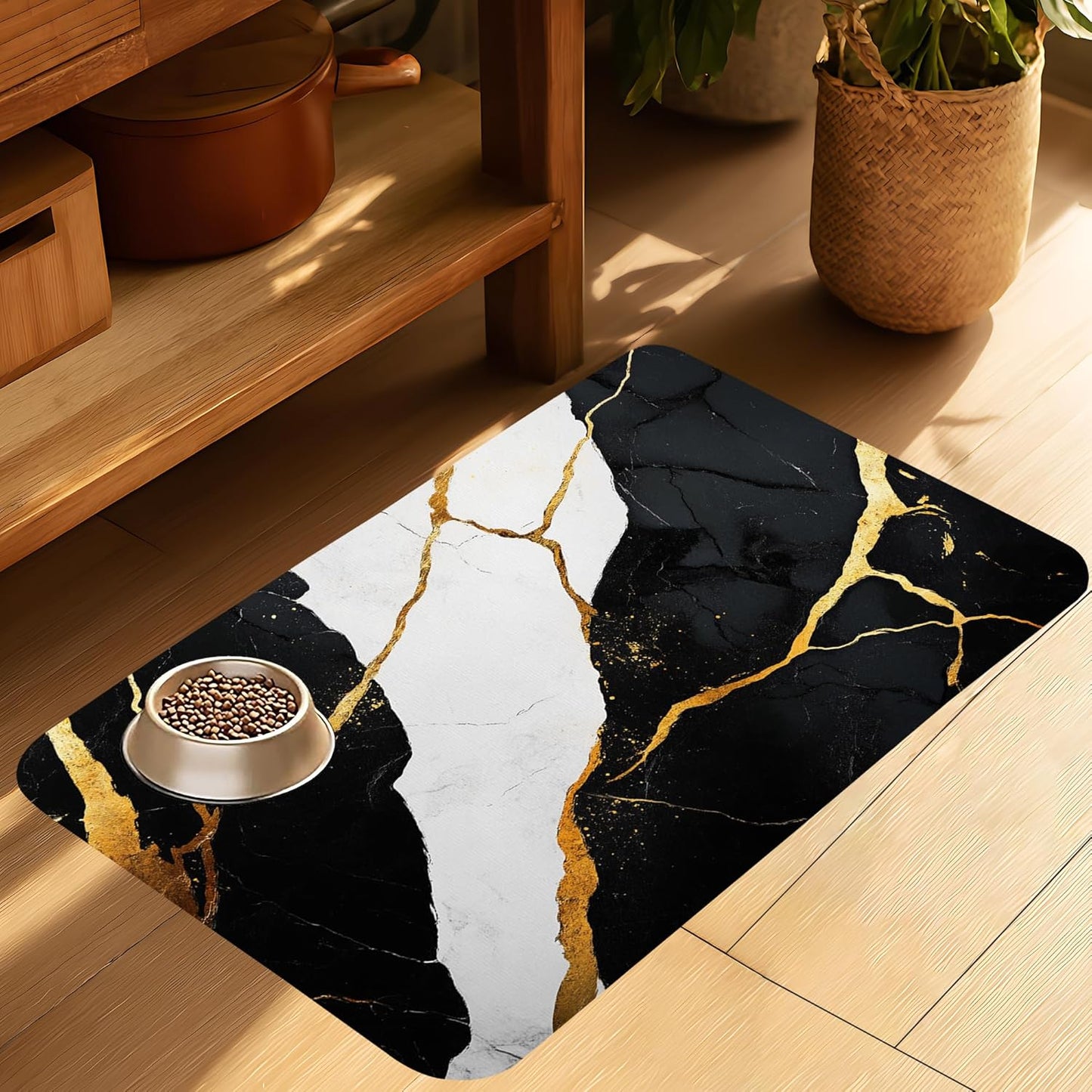 Black Gold Marble Dog Cat Food Mat-Absorbent Placemat for Food and Water Bowl, Waterproof Non Slip Rubber Backing Dog Food Mats for Floors, Pet Supplies 16 * 24 inch