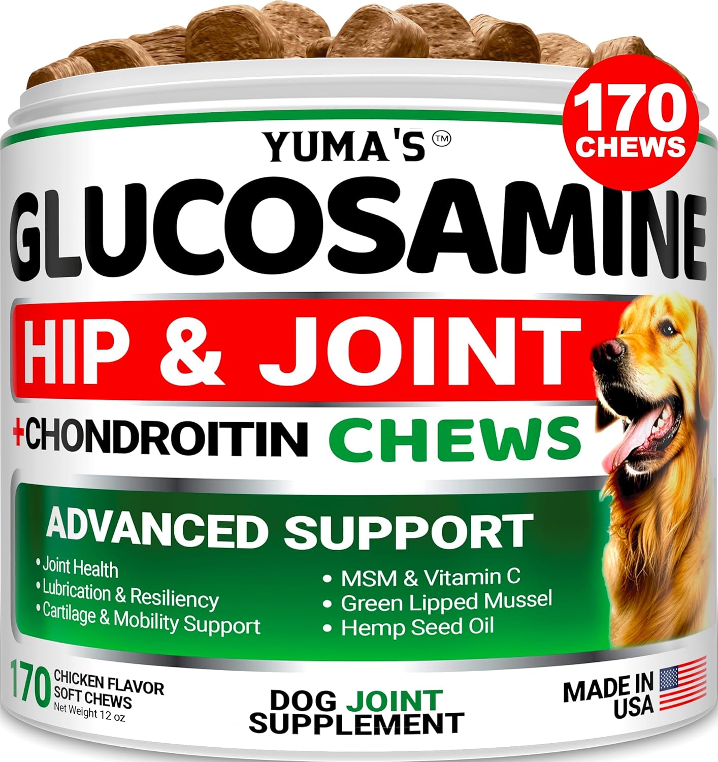 YUMA'S Glucosamine for Dogs - Hip and Joint Supplement for Dogs - 170 Ct - Glucosamine Chondroitin Chews - Joint Pain Relief Supplement with MSM - Advanced Health - Mobility Support - Made in USA
