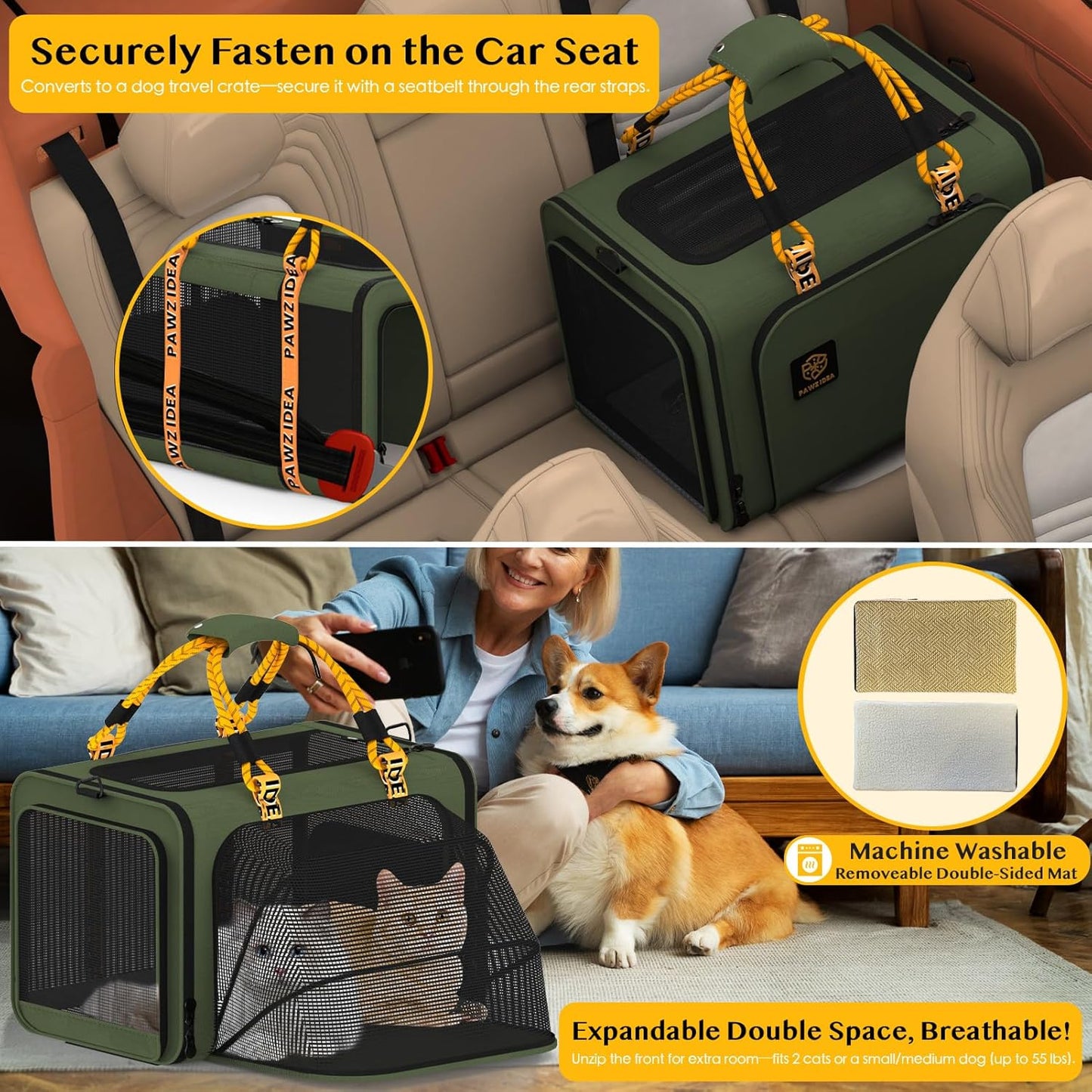 PAWZIDEA Expandable Large Pet Carrier, 24"X16"X16" Cat Carrier for 2 Cats, Collapsible Dog Travel Crate for Small Medium Dog, Soft-Sided Car Seat Cage Bag w/XL Storage Pocket, ID Card, Shoulder Strap