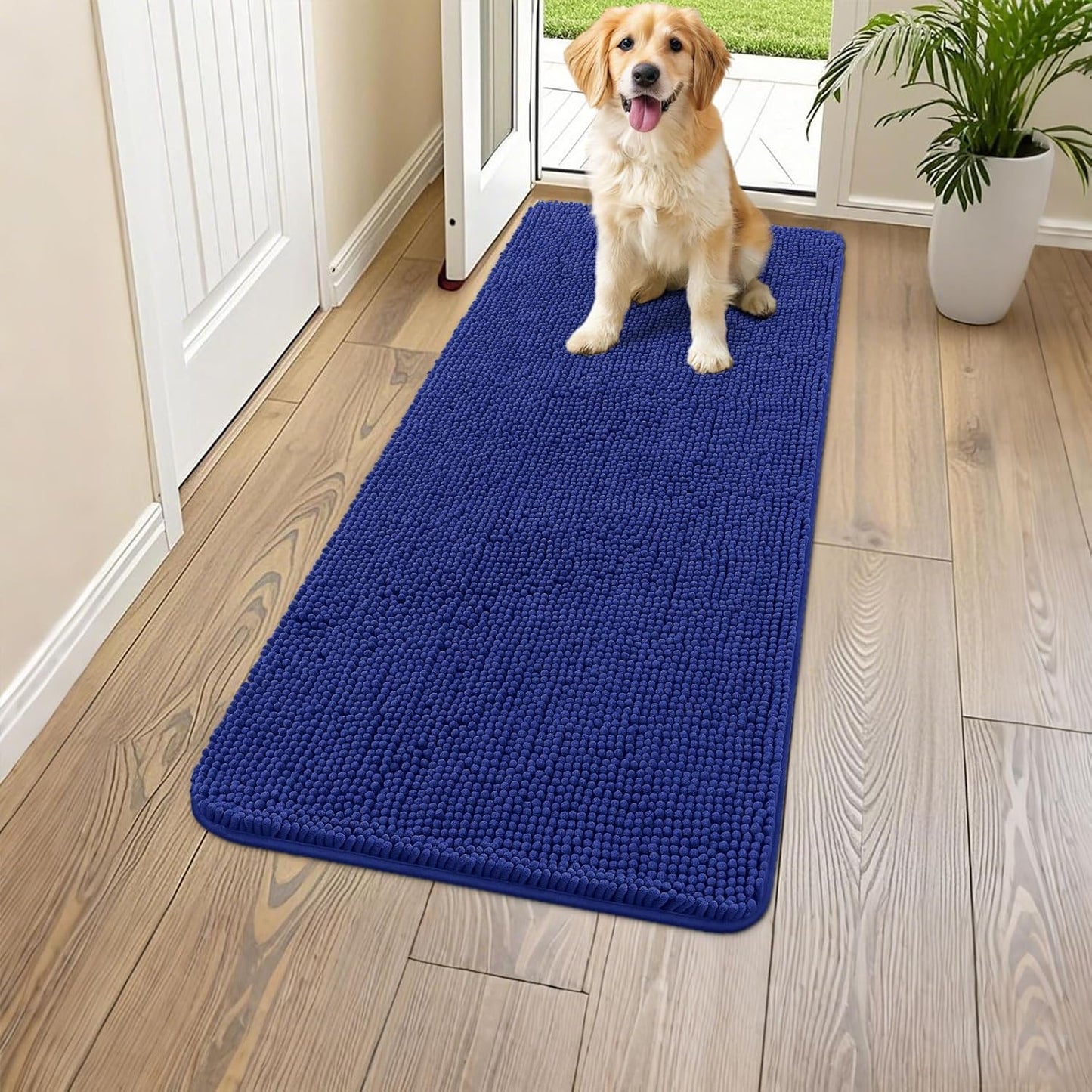 Smiry Dog Door Mat for Muddy Paws 47x24, Absorbs Moisture and Dirt Doormat, Non-Slip Washable Quick Dry Chenille Front Door Mat Indoor Entrance, Entryway Carpet for Inside Floor, Navy Blue
