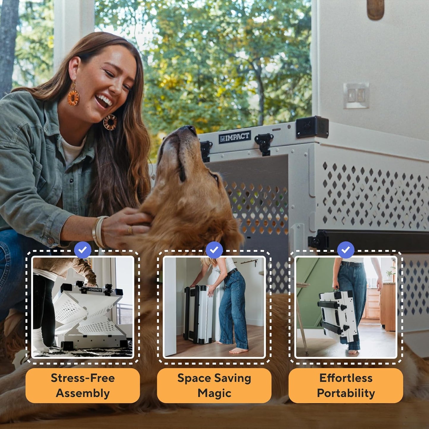 Impact Collapsible Dog Crate - Foldable Hard Crate for Extra Large Dogs - Heavy Duty Travel Kennel with Powder-Coated Aluminum - Quick Setup for Indoor & Outdoor (Gray, 40"+ (40.5" L x 27.5”W x 34" H)