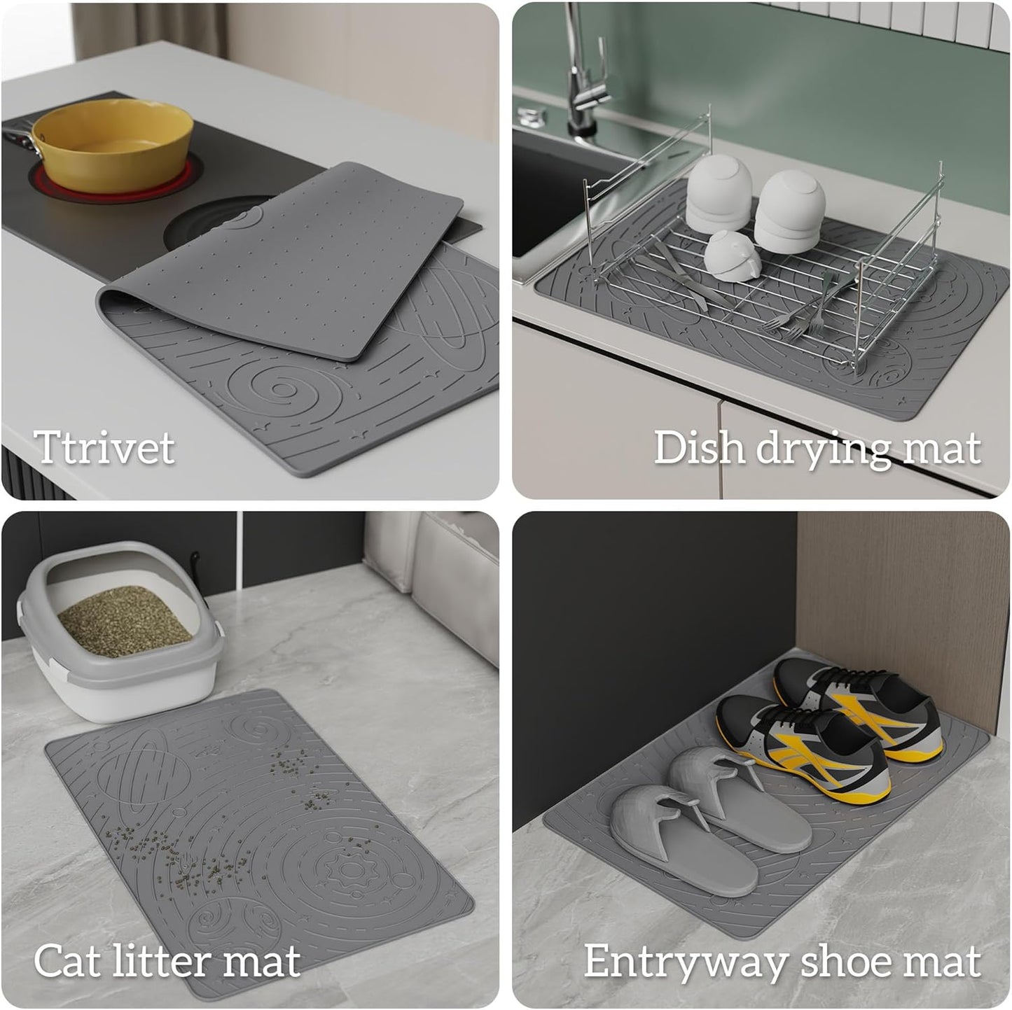 OHMO Dog Food Mat, Silicone Waterproof Cat Food Mat, Non-Skid Spill Proof Pet Feeding Mat for Food and Water, Easy to Clean Dog Placemat(Grey, 23.6" x 15.8")
