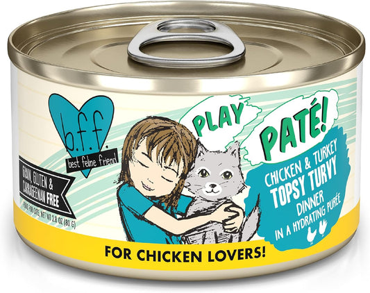 Weruva B.F.F. Play - Best Feline Friend Paté Lovers, Aw Yeah!, Chicken & Turkey Topsy Turvy with Chicken & Turkey, 2.8oz Can (Pack of 12)