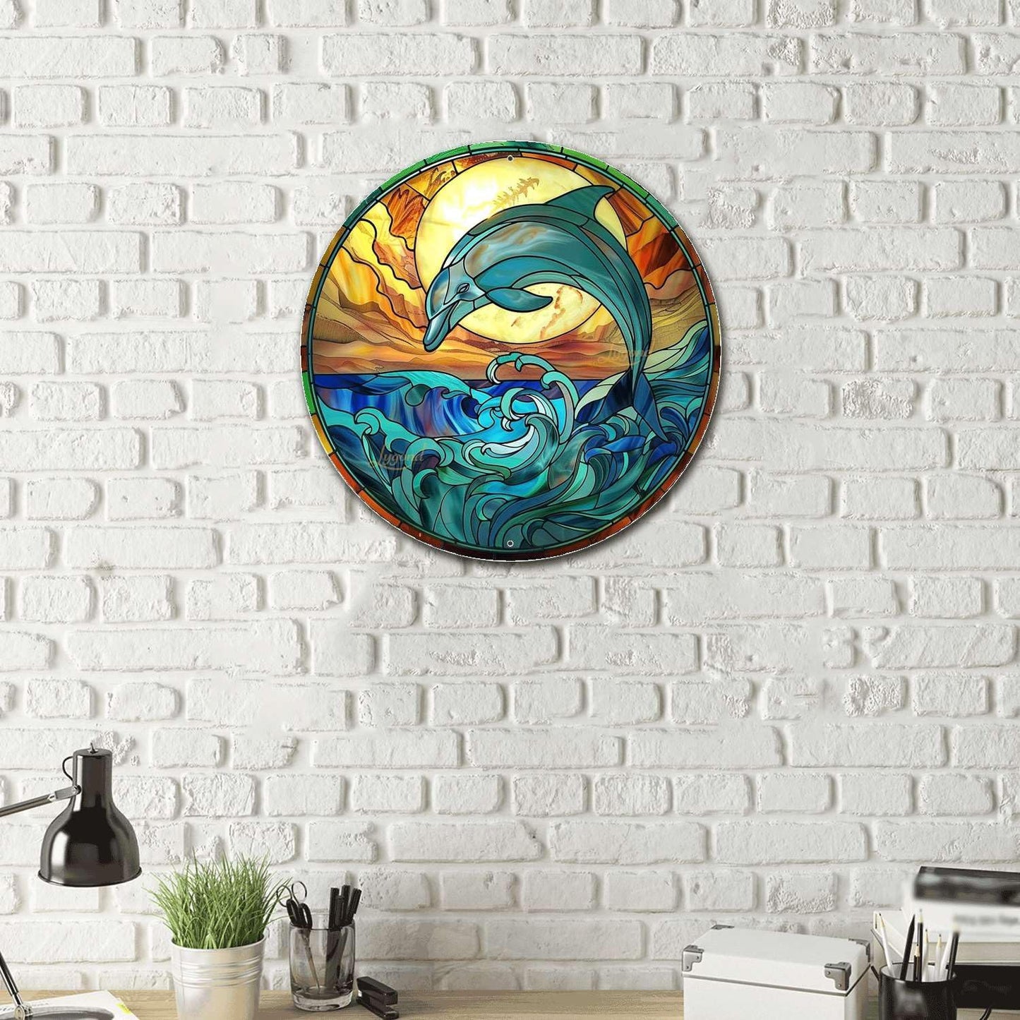 Lygond Metal Sign Tin Sign Circular Stained Glass Dolphin Gardening Decor Gift for Bar 12×12 Inches