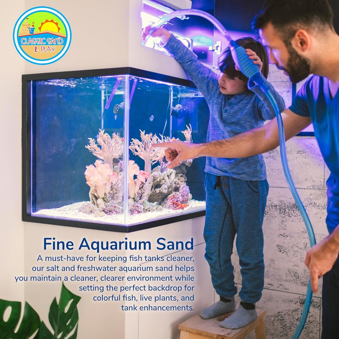 CLASSIC SAND & PLAY Natural Aquarium Sand for Freshwater and Saltwater Tanks, 40 lb. Bag, Improves Filter Life and Filtration Process, Pre-Washed Fine Sand, Blue
