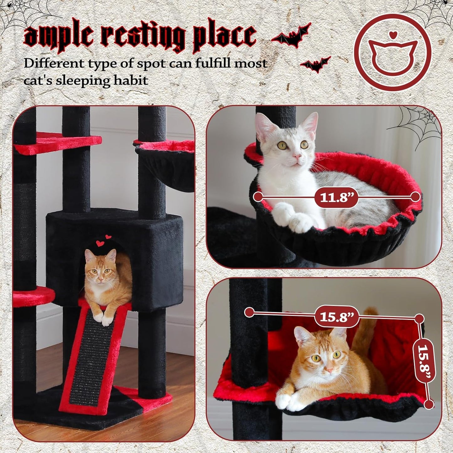 PEQULTI Tall Cat Tree, Floor to Ceiling Cat Tree Tower Adjustable [90.5''-100.4''=230-252CM] with Cat Condo, Hammock and Scratching Post, Gothic Cat Climbing Tree for Indoor Large Cats, Black