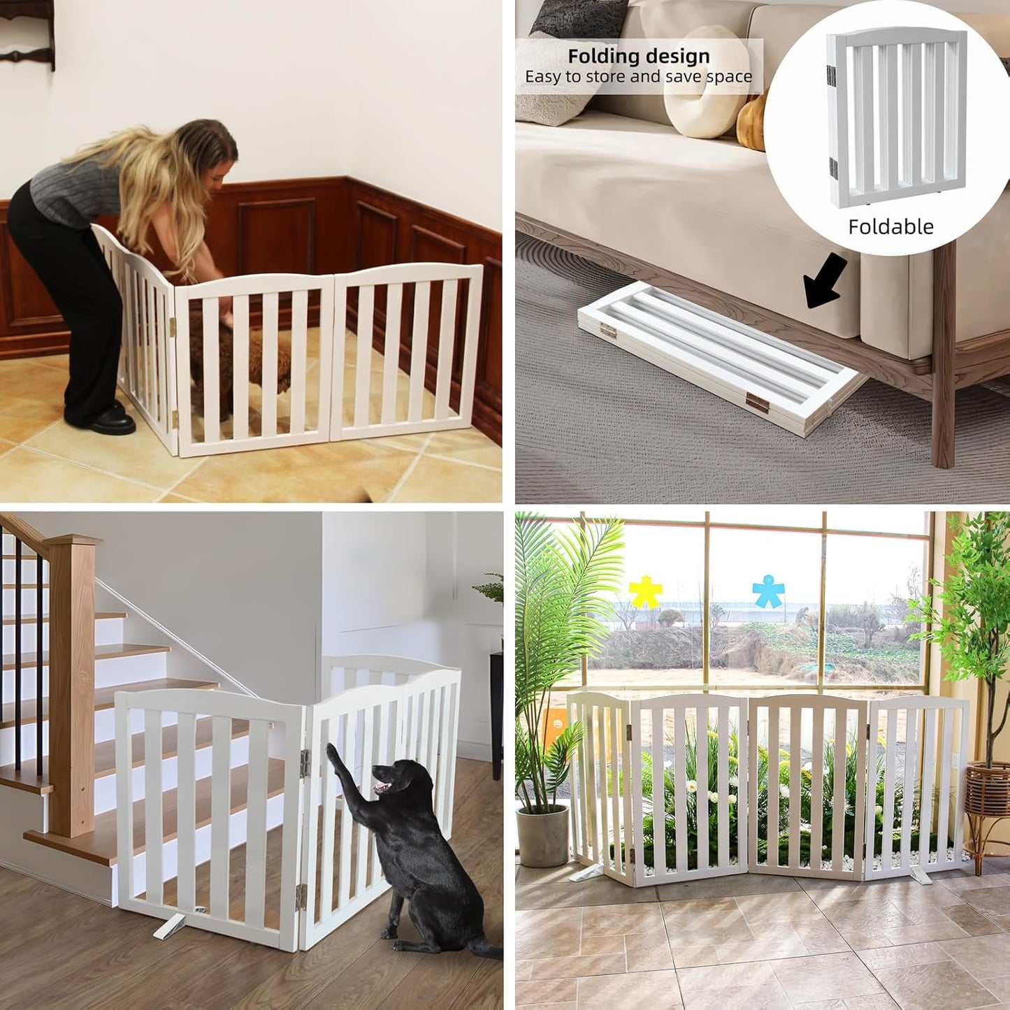 ZJSF Foldable Freestanding Indoor Dog Gate for House Wood White Long Pet Gates Dog Fence for Stairs Puppy Gates for Hallways,Pet Fence, Puppy Gate,Support Feet Included 32 "Height-2 Panels