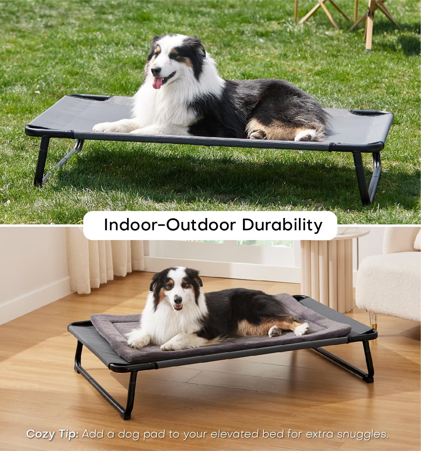 Made4Pets Raised Dog Bed for XXL Dogs - Outdoor Elevated Pet Cot with Snap-in Legs, Washable Mesh, Non-Slip Feet, Durable & Chew-Resistant Hammock Bed, Indoor & Outdoor Use, 54"x37", Gray