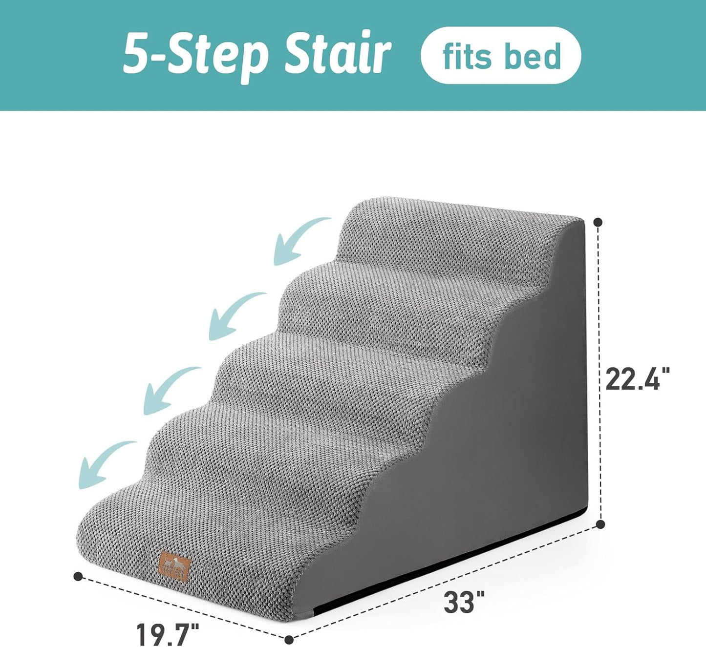 Wide Dog Stairs 19.7" Width, Pet Step for Small/Medium/Large Dog, Puppy or Cat, Pet Ramp for High Bed or Car, High Density Foam Ladder, 19.7x33x22.4 in, Stable, 5 Step, Grey