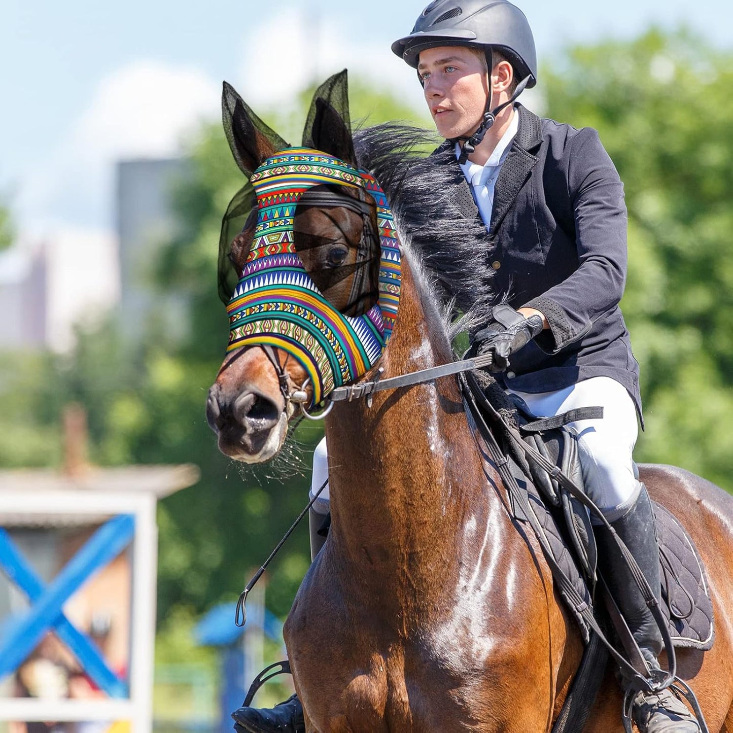 Qualirey12 Pieces Horse Fly Mask Bulk Comfortable Elasticity Mask for Horses with Ears Net UV Protection Breathable Horse Supplies Face Covering for Horse Pony and Foal (Geometric Patterns, Large)