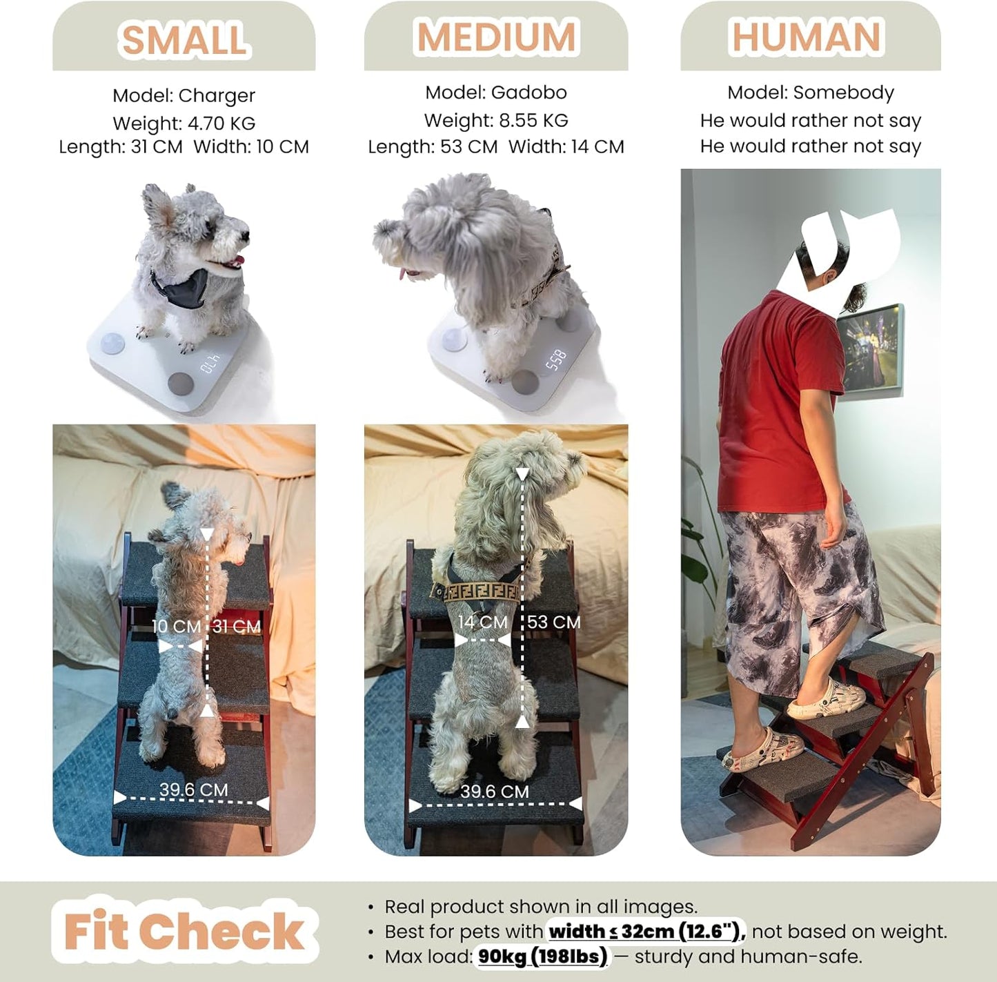 MEWANG Wooden Pet Stairs/Pet Steps - 3-in-1 Foldable Stairs & Ramp for Beds and Cars - Portable Dog/Cat Ladder Up to 220 Pounds - Great for Small and Older Animals(Brown) (24.8" L x 17.2" W x 19.5" H)