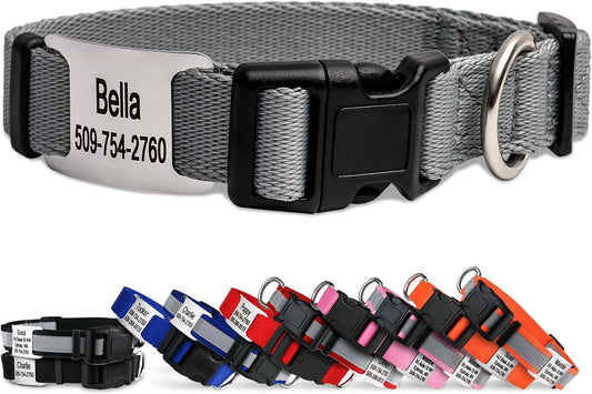 GoTags Personalized Dog Collar with Nameplate, Adjustable Dog Collar with Custom Engraved Slide On Pet ID Tag in Stainless Steel, Silent, No Noise Dog Tag (Light Gray, X-Small)