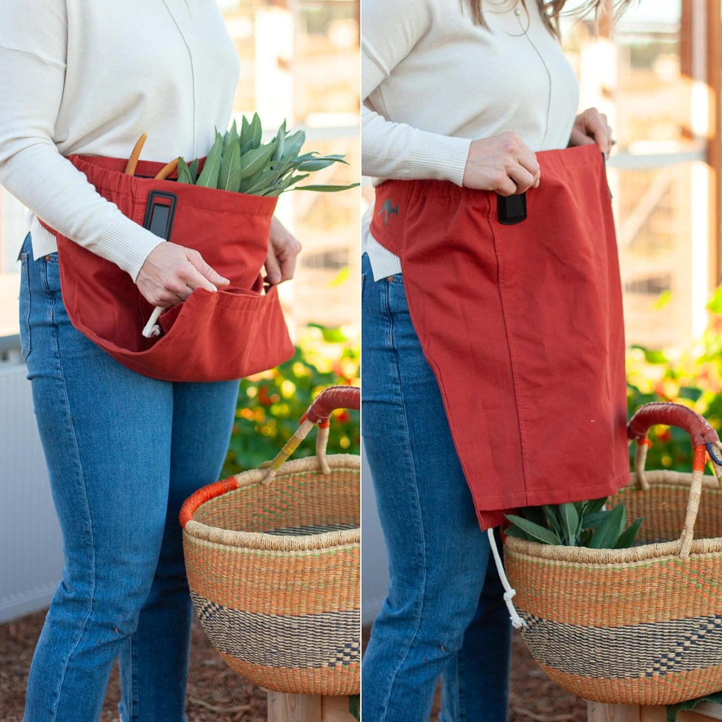 Roo Gardening Apron with Pockets & Harvesting, Picking Pouch - Adjustable, Water-resistant, Washable Canvas Cotton