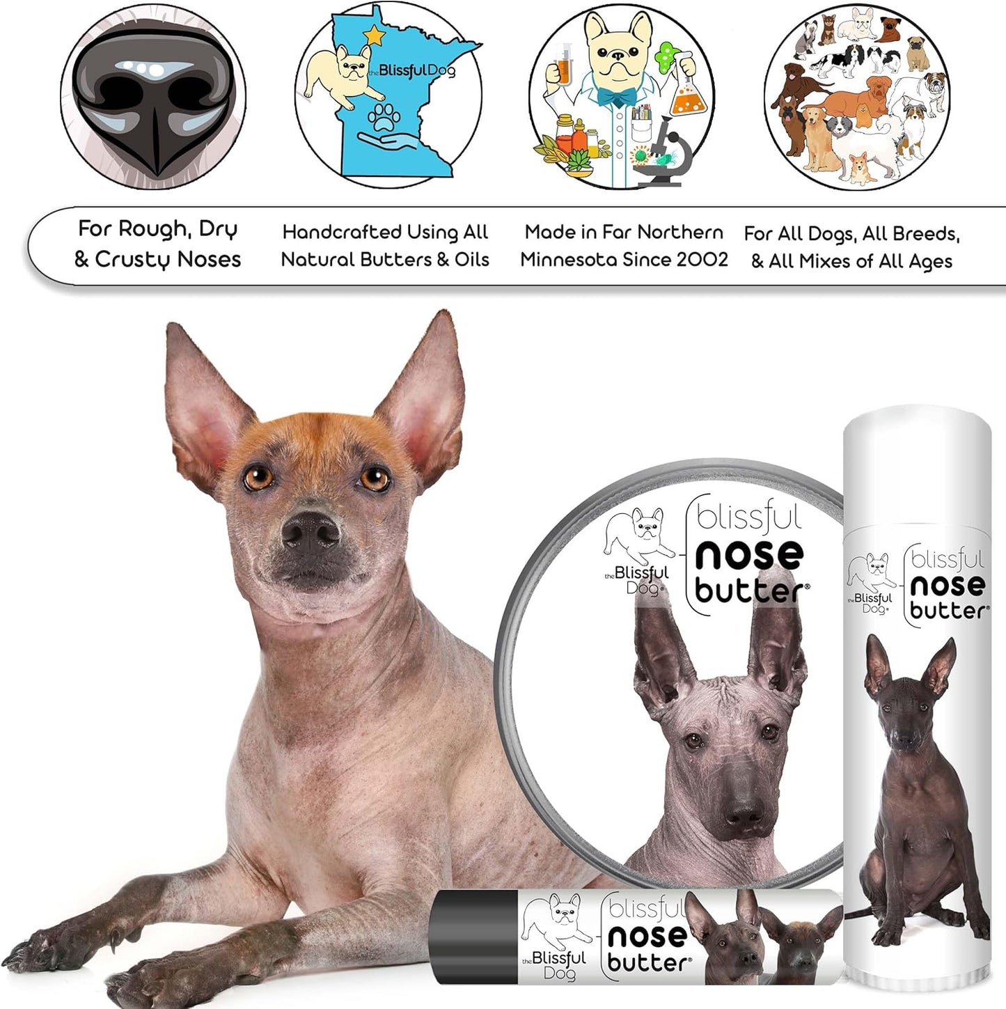 The Blissful Dog Xoloitzcuintli Nose Butter for Dry, Cracked Skin, Lick-Safe Dog Nose Balm with Moisturizing Shea Butter, Almond, Olive, and Essential Oils, Pet Supplies, Uncented, 2 oz.