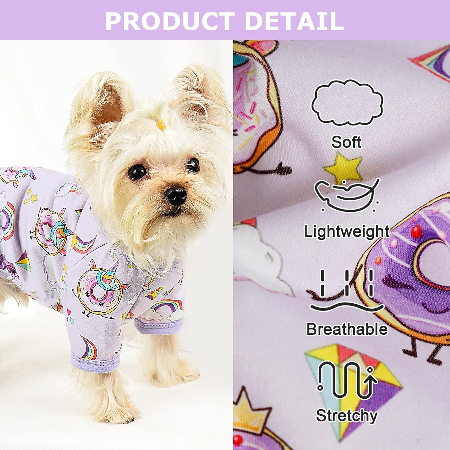 Small Dog Clothes Girl Funny Donut Dog Pajamas Pjs, Summer Lightweight Stretchy Pet Jumpsuit, Fall Dog Onesies Outfits, Purple, XS
