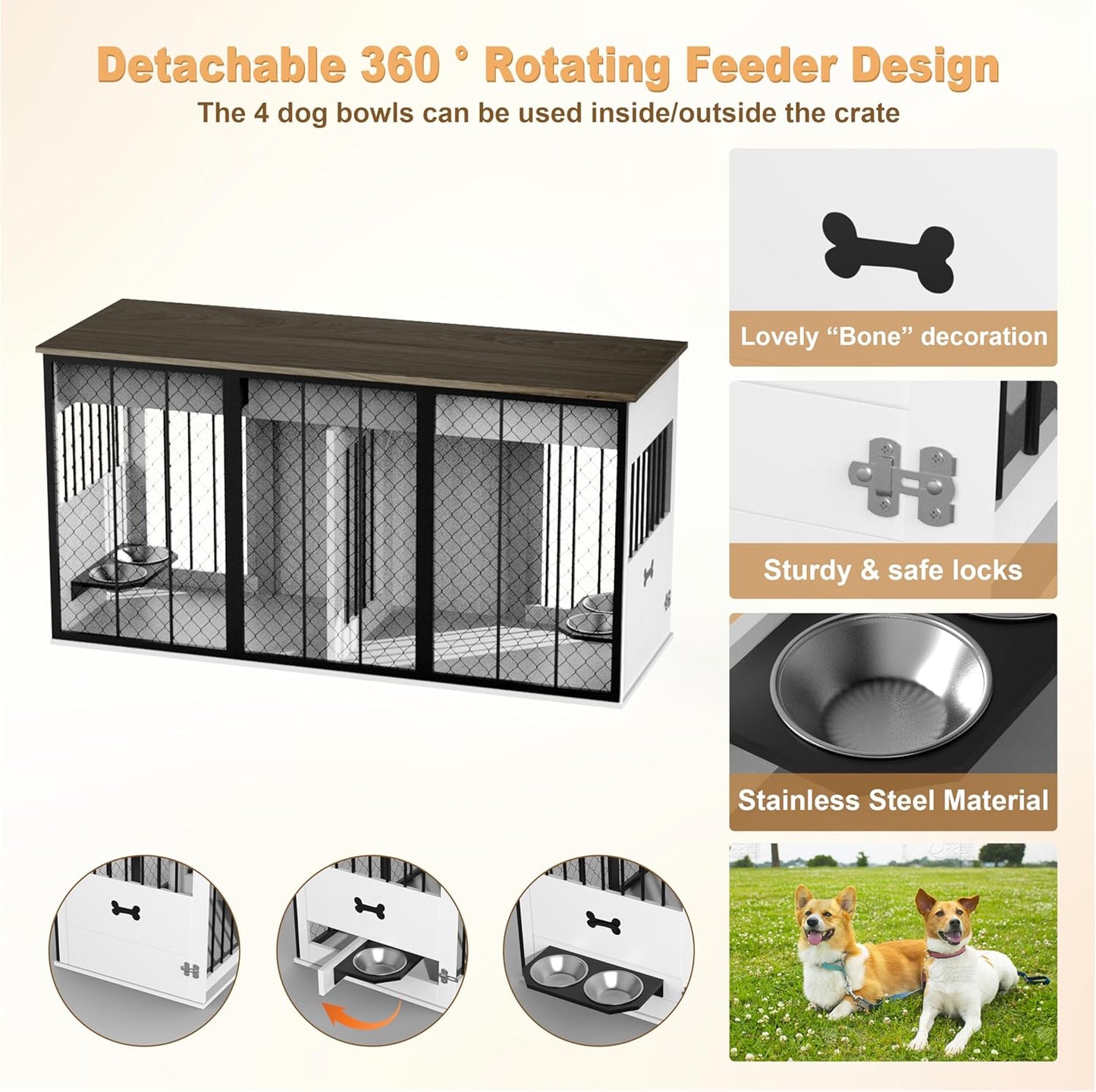 RQZ 65" Double Dog Crate Furniture for 2 Dogs Heavy Duty Wood Dog Cage Table with 3 Storage Drawers and 4 Stainless Steel Bowls Dog Kennel Indoor for Medium Large Dogs