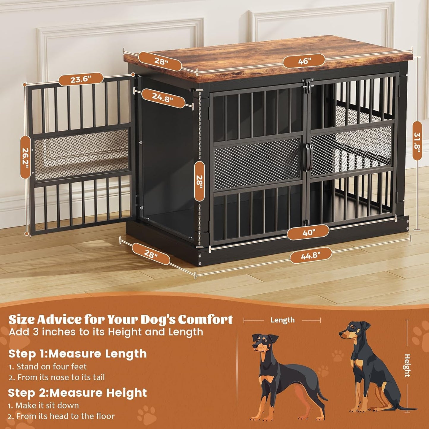 VOPEAK 46" Dog Crate Furniture, Chew Resistant Large Dog Crate for Medium Large Dogs, Heavy Duty XL Dog Crates Dog Kennel Cage Indoor with Double Doors, End Table for Bedroom Living Room, Black