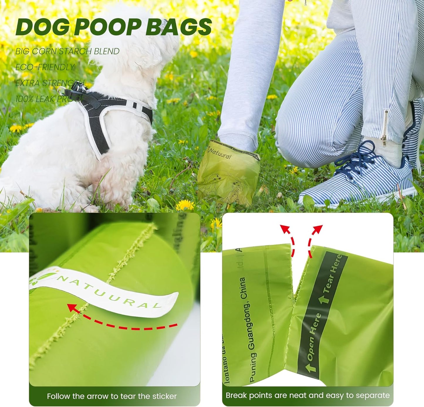 Dog Poop Bags Rolls-600 Counts, 40Rolls, Biodegradable Poop Bags Made of Cornstarch, 100% Leak Proof and Easy to Open (Green)