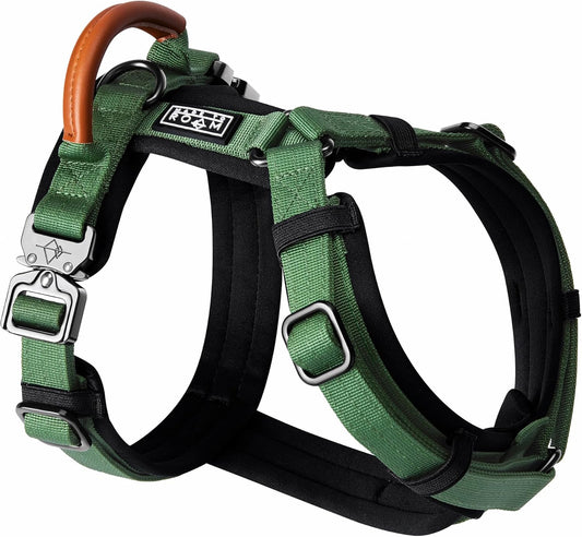 MADE TO ROAM Premium Explorer Harness - Y-Shaped Dog Harness with Adjustable Durable Nylon, Soft Padding, Metal Buckles and Leather Handle for Small, Medium, Large Dogs (Oregon Haze, Size 7)