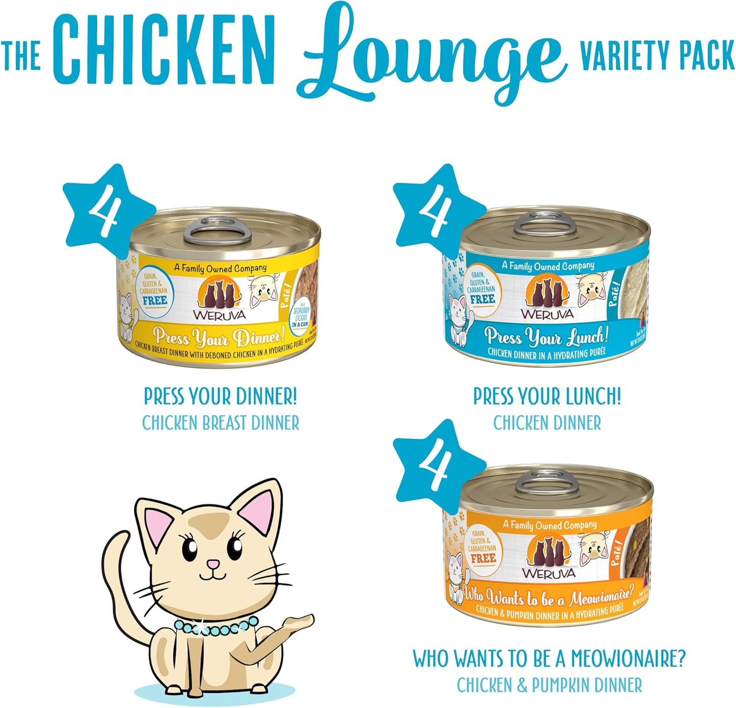 Weruva Wet Cat Food, The Chicken Lounge Paté Variety Pack, 3oz Can, Pack of 12