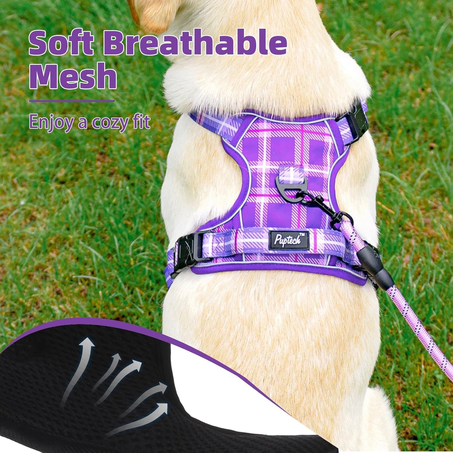 PUPTECK No Pull Dog Harness Medium Sized, Adjustable Reflective Dog Harness with Handle Easy Control, Comfortable Soft Padded Pet Vest Harness for Medium Dogs, Plaid Purple M