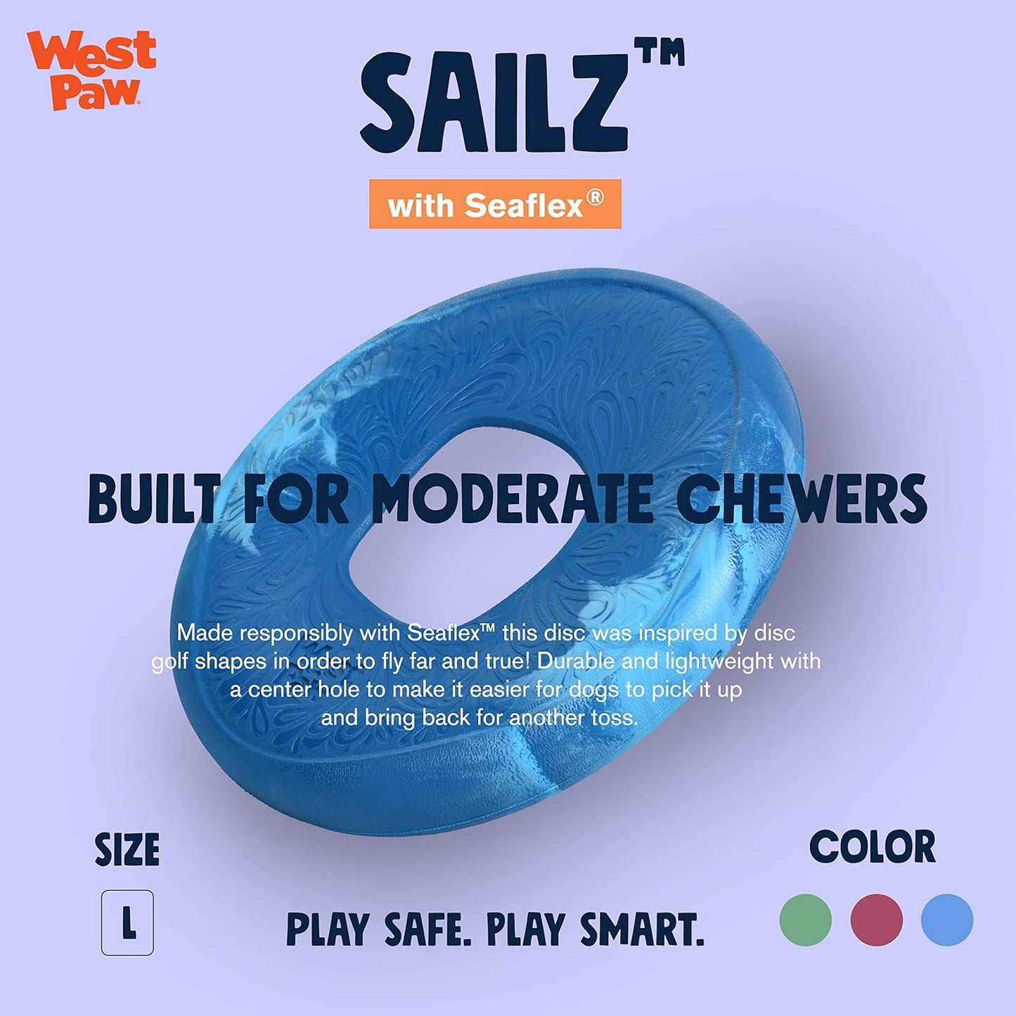 WEST PAW Seaflex Sailz Dog Toy Flying Disc - Machine Washable Eco-Friendly Zogoflex Toys for Moderate Chewers - Perfect for Fetch, Gnawing, Catch, Pet Training - Surf