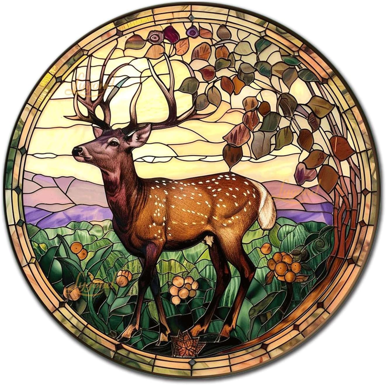 Lygond Metal Sign Tin Sign Circular Stained Glass Deer Metal Sign for Club 12×12 Inches