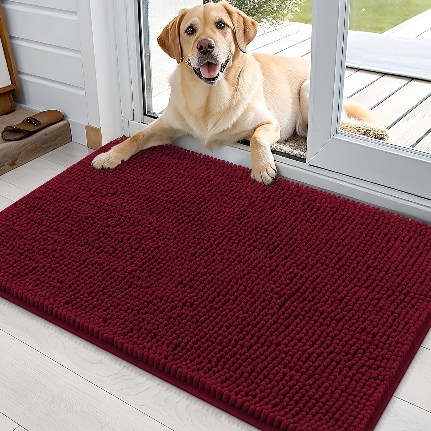 OLANLY Dog Door Mat for Muddy Paws 36x24, Absorbs Moisture and Dirt, Absorbent Non-Slip Washable Doormat, Quick Dry Chenille Mud Mat for Dogs, Entry Indoor Entryway Carpet for Inside Floor, Burgundy