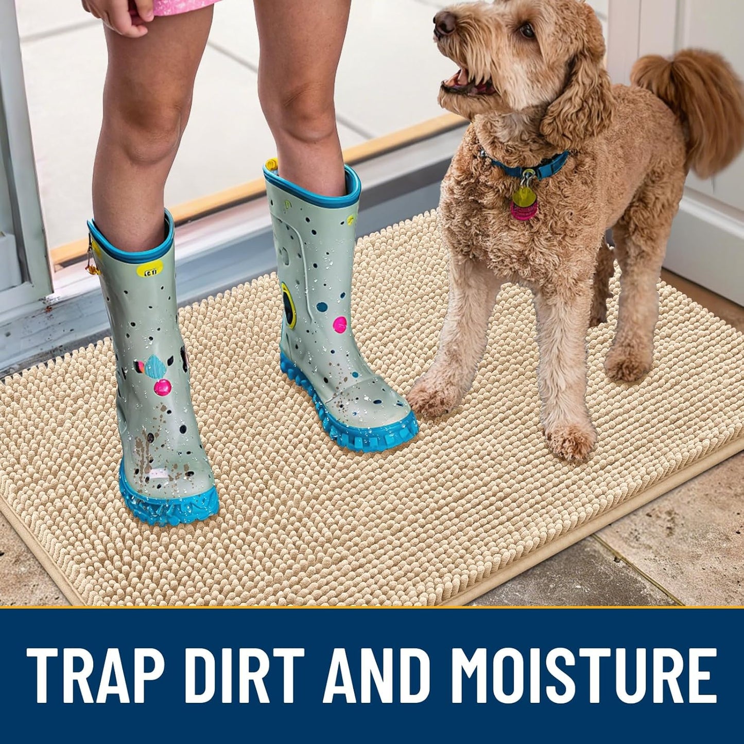 Smiry Dog Door Mat for Muddy Paws 59x24, Absorbs Moisture and Dirt Doormat, Non-Slip Washable Quick Dry Chenille Front Door Mat Indoor Entrance, Entryway Carpet for Inside Floor, Beige