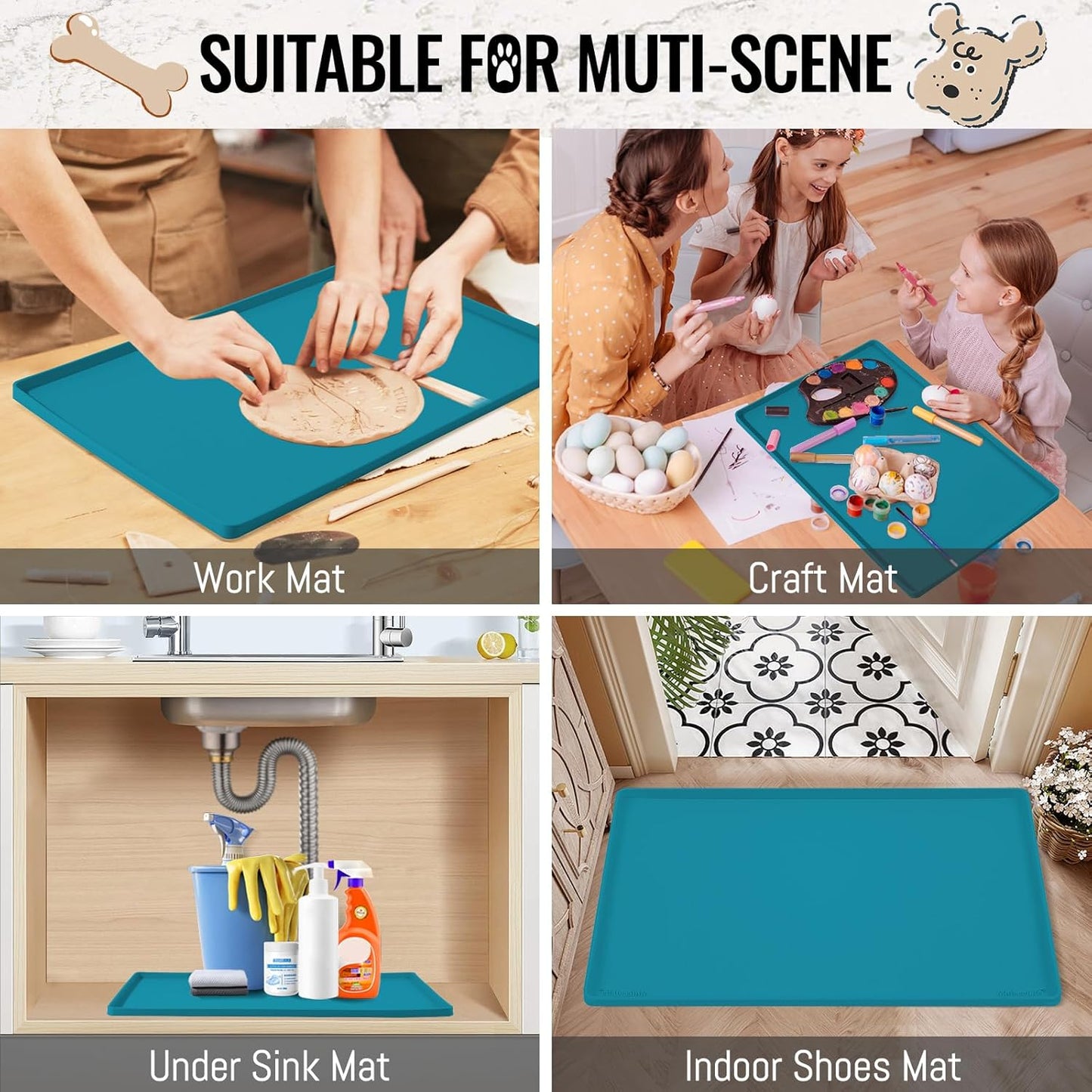 MateeyLife Dog & Cat Food Water Mat for Floors Waterproof, Nonslip Pets Bowl Feeding Mats with Raised Edges, Silicone Matt Tray for Messy Drinkers, 22"x14", Teal