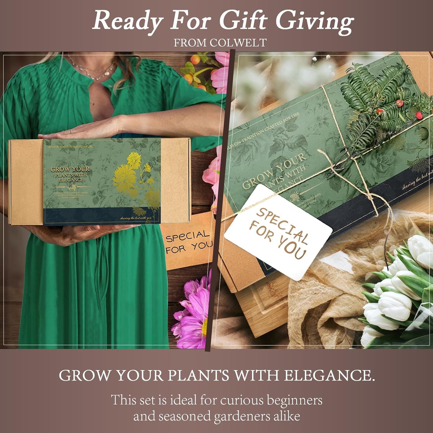 Colwelt Garden Tools Set, 8 Piece, Heavy Duty Gardening Tools with Wooden Handle, Including Garden Tote, Kneeling Pad, Gloves, Pruner, Trowel, Tulip Trowel, Cultivator - Gardening Gifts for Women Men