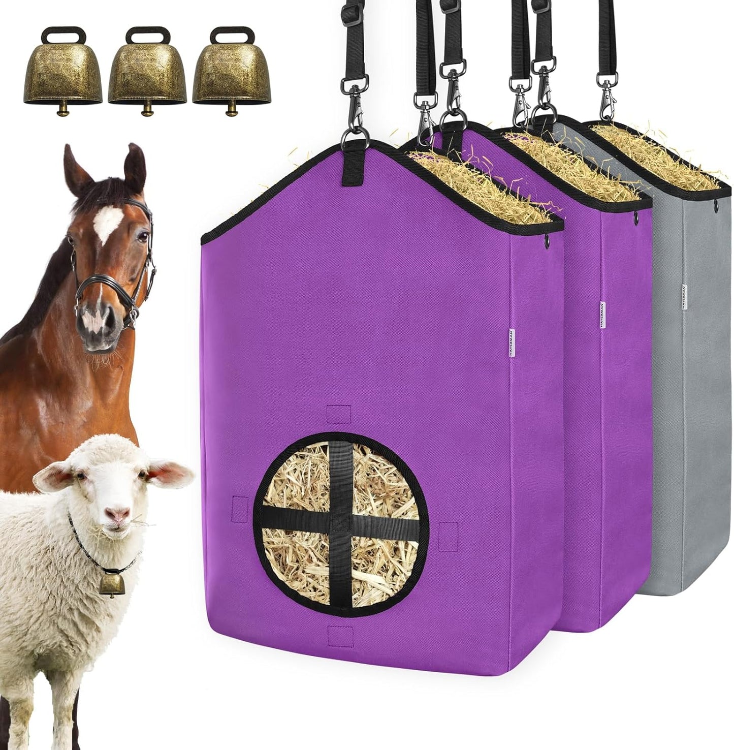 3 PCS Goat Hay Feeder,Hay Bags for Horses,Goats,Donkeys with Reinforced Oxford Fabric and High Strength Metal Clasp,Horse Feeding Supplies with Adjustable Strap for Easy Hanging (2Purple+1Grey)