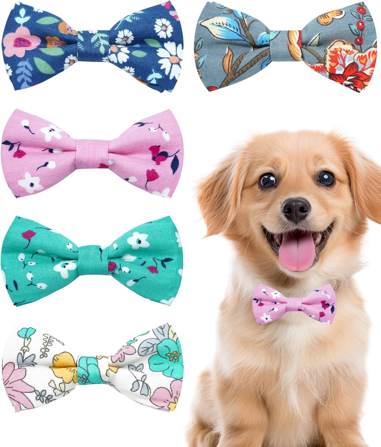 PET SHOW 5 Pack Floral Small Dog Bow Ties Sliding Collar Attachments Puppy Cats Spring Bowties for Medium Dogs Daisy Rose Bowknots Party Holiday Pet Grooming Accessories