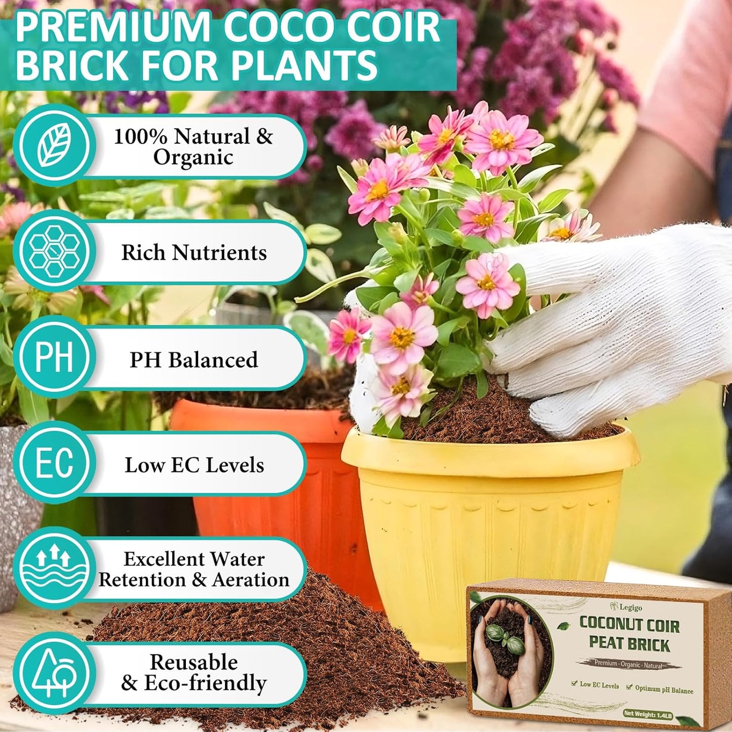 Legigo 10 Pack Premium Coco Coir Brick for Plants- 100% Organic Compressed Coconut Coir Bricks Starting Mix, Coco Coir Fiber Coconut Husk for Planting, Gardening, Potting Soil Substrate, Herbs
