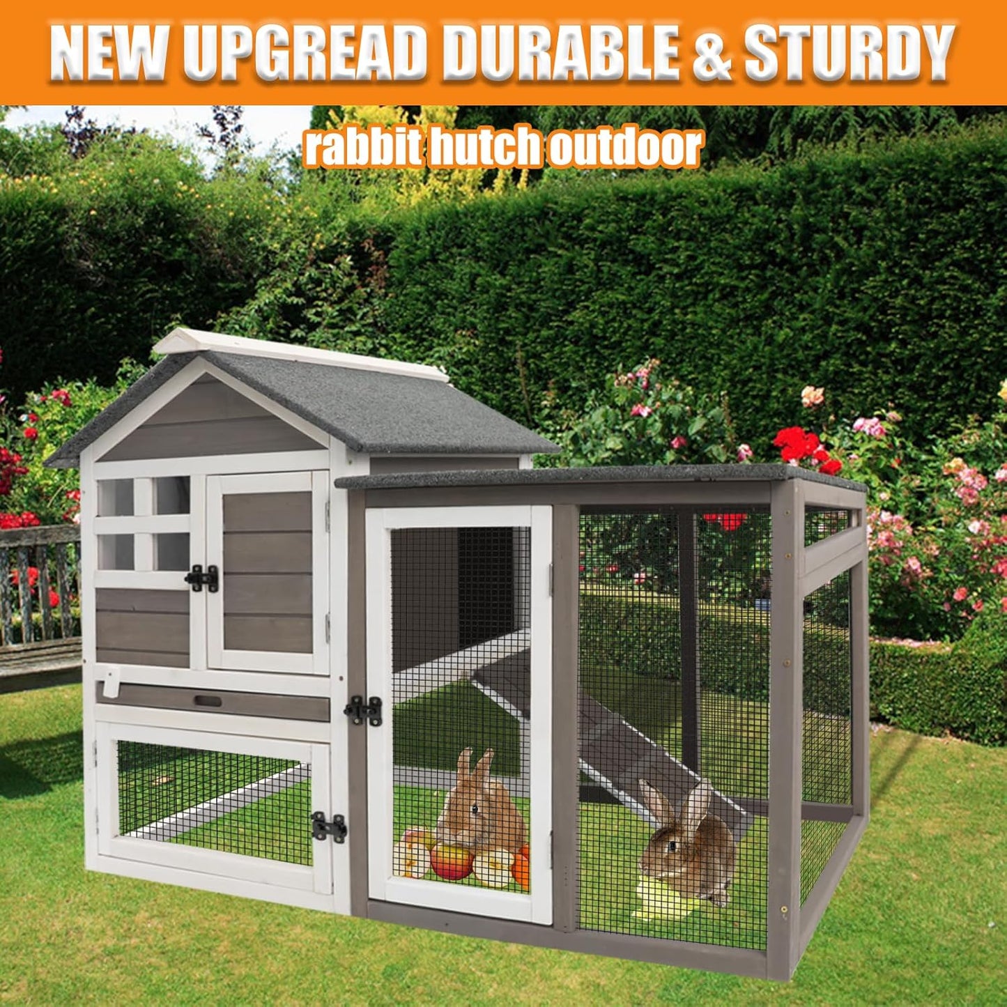 Rabbit Hutch-Indoor Outdoor Rabbit Hutch with Pull Out Tray Large Rabbit Hutch FirWood Bunny Hutch Indoor Guinea Pig Cages Waterproof Asphalt Roof, GREYWHITE, RAB HUTCH#17 (RAB17)