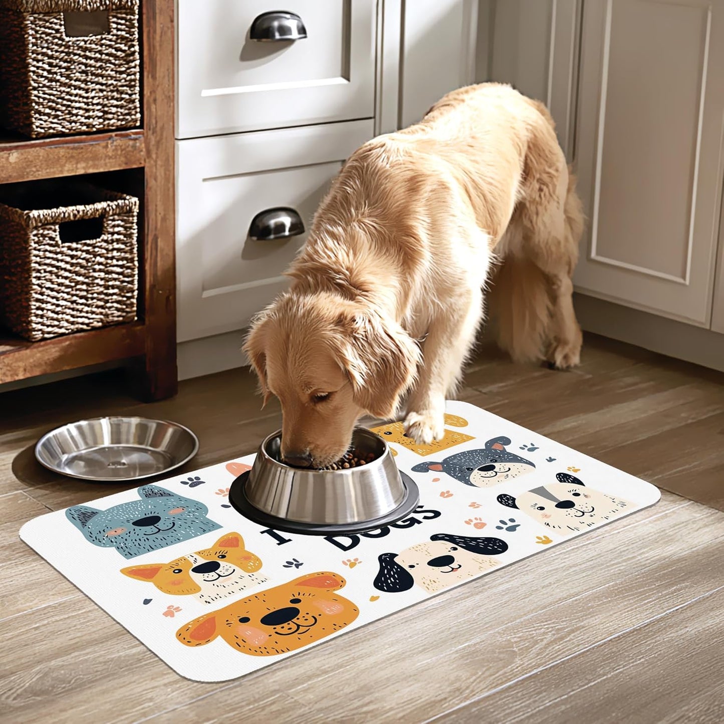 Cute Dogs Pet Cat Dog Food Mat-Absorbent Quick Dry Feeding Placemat for Water and Food, No Stains Rubber Base Mat for Indoor Use, Pet Accessories 12"x20"