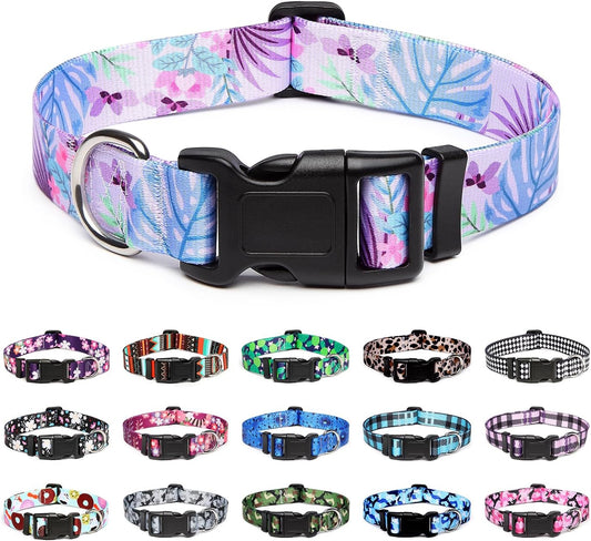 Mercano Adjustable Dog Collar - Special Design Patterns, Soft Nylon Comfortable Durable Pet Collar for Small Medium Large Dogs (L, Floral Purple)
