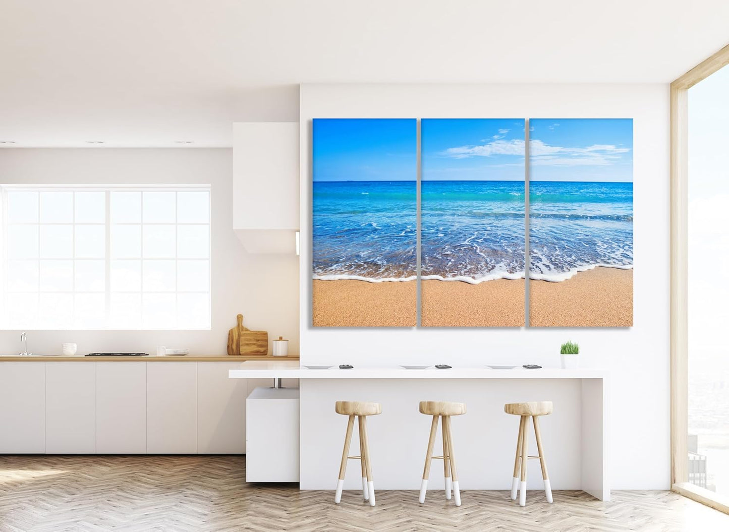 Nature Wall Art Prints - Ocean Forest Mountain Lake Canvas Landscapes - Small to Extra Large Living Room Bedroom Kitchen Bathroom Décor (Sandy Ocean Beach, 31L" x 47W" - 3 Panels)