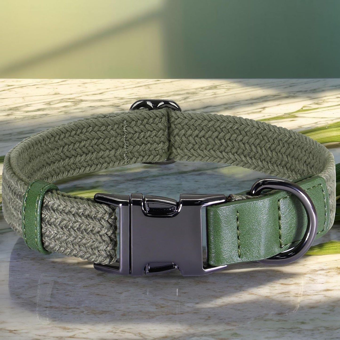 PET ARTIST Soft Cotton Dog Collars for Medium Dogs in Stylish Green, Simple Dog Collar with Quick Release Metal Buckle & D Ring, M Size (13-21")