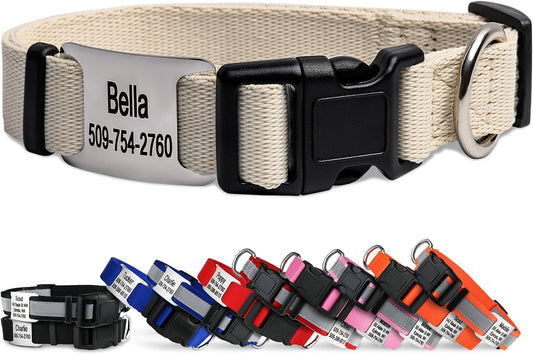 GoTags Personalized Dog Collar with Nameplate, Adjustable Dog Collar with Custom Engraved Slide On Pet ID Tag in Stainless Steel, Silent, No Noise Dog Tag (Beige, X-Small)