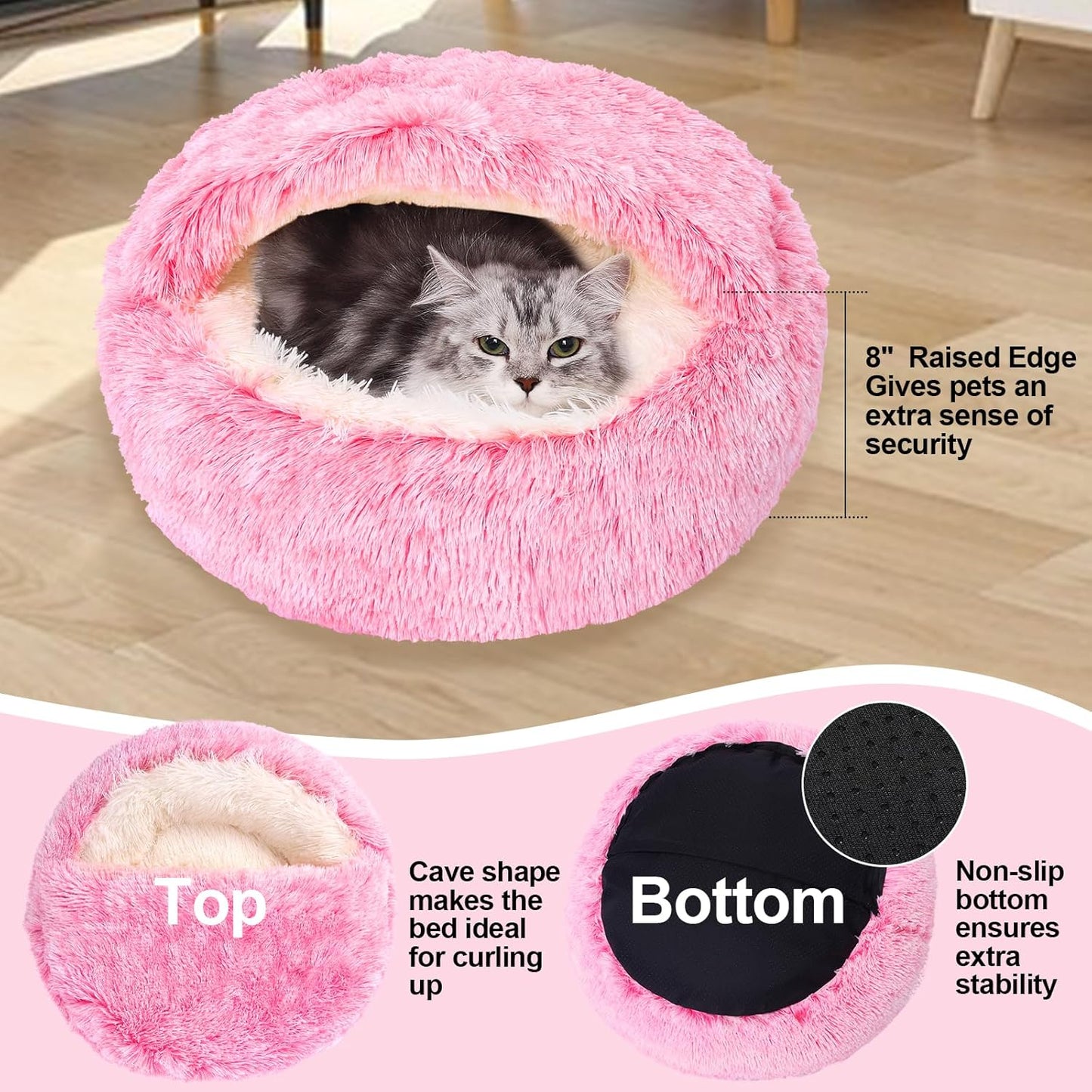 Calming Dog Beds with Hooded Cat Cave Cover - Removable, Washable Round Beds for Small to Medium Pets, Anti-Slip Faux Fur Fluffy Cover for Improved Sleep - Fits up to 15/25 lbs (Pink, M)