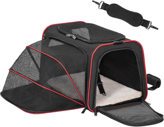 Petsfit Expandable Cat Carrier Dog Carriers,Airline Approved Soft-Sided Portable Pet Travel Washable Carrier for Kittens,Puppies,Removable Soft Plush mat and Pockets,Locking Safety Zippers