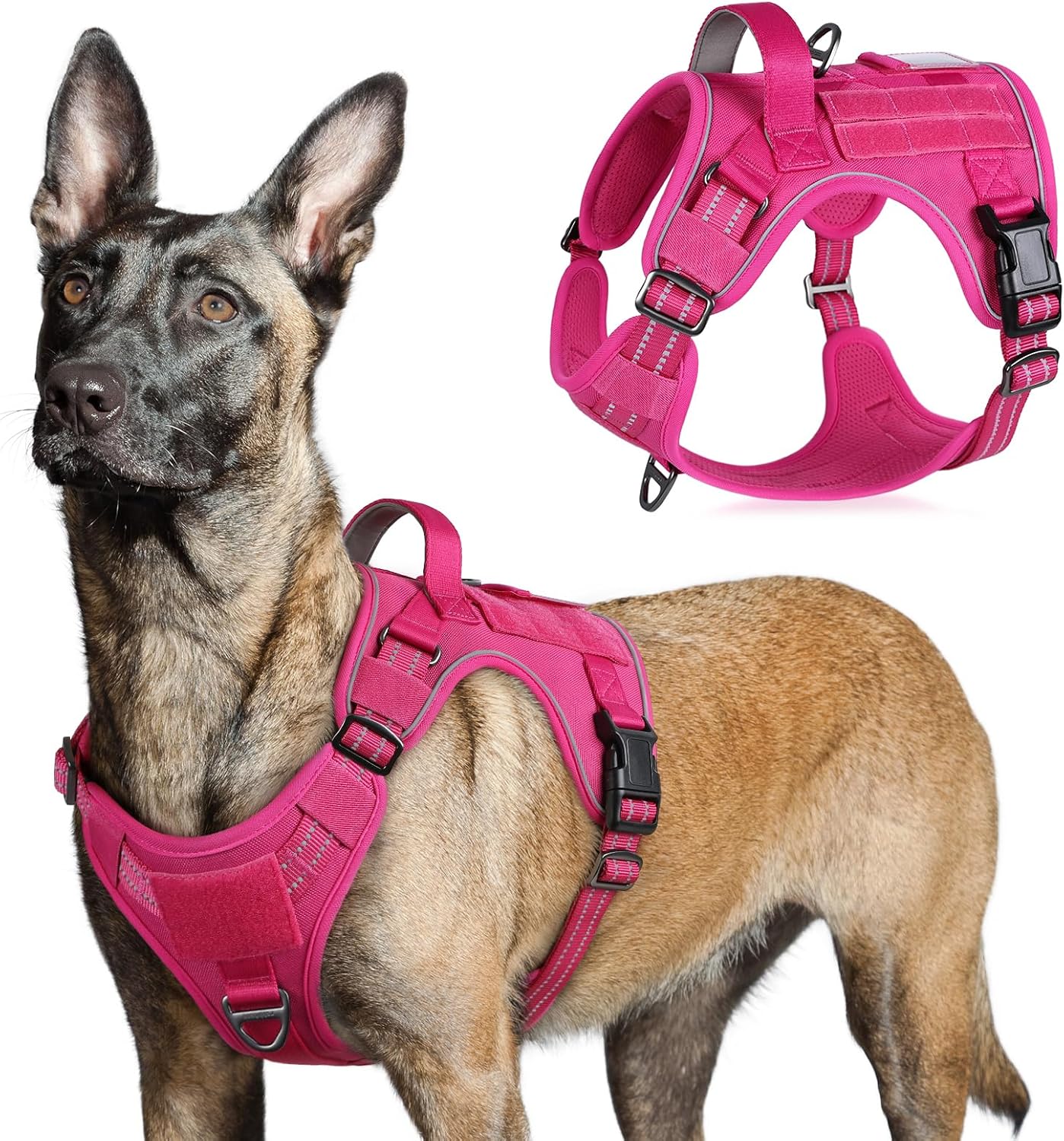 rabbitgoo Tactical Dog Harness for Large Dogs, No Pull Military Service Vest with Handle & Molle, Easy Control for Training Walking, Adjustable Reflective Straps, Rose Red, L