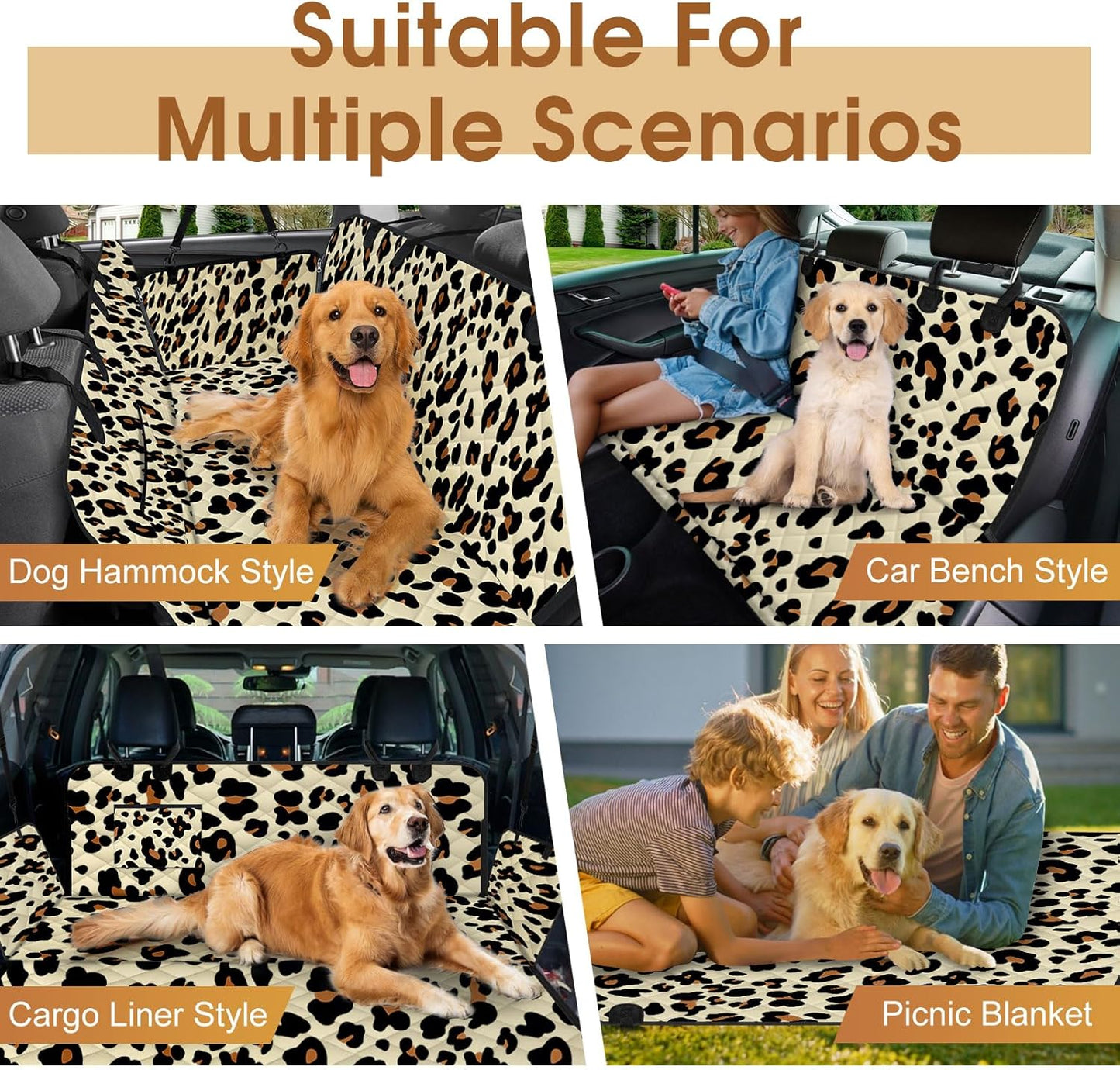 Dog Car Seat Cover, Durable Waterproof Scratch Proof Nonslip Dog Hammock, Back Seat Covers with Pocket for Cars SUVs and Trucks - S, Leopard/Black