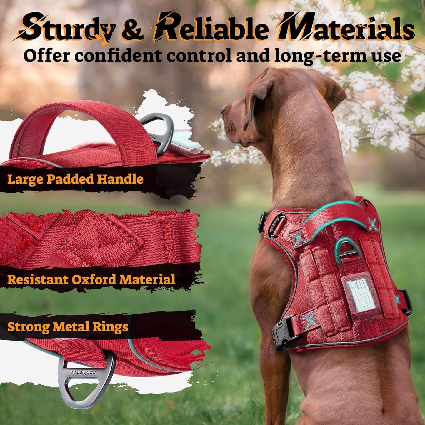 rabbitgoo Dog Harness Medium Sized No Pull, Tactical Service Pet Vest with Molle and Control Handle, Adjustable and Reflective Military Harness for Easy Walking and Training, Red, M