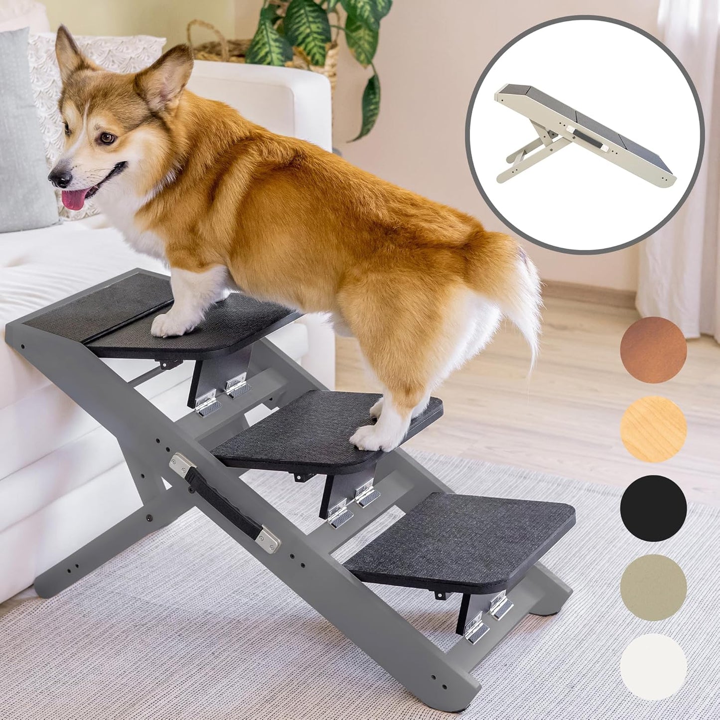 Dog Steps for Bed & Couch 2-in-1 Dog Stairs/Ramp - Height Adjustable Dog Ramp for Couch 7” - 20” - Pet Stairs, Dog Stairs for Small Dogs - Easy to Move Pet Steps with Landing Platform, Gray