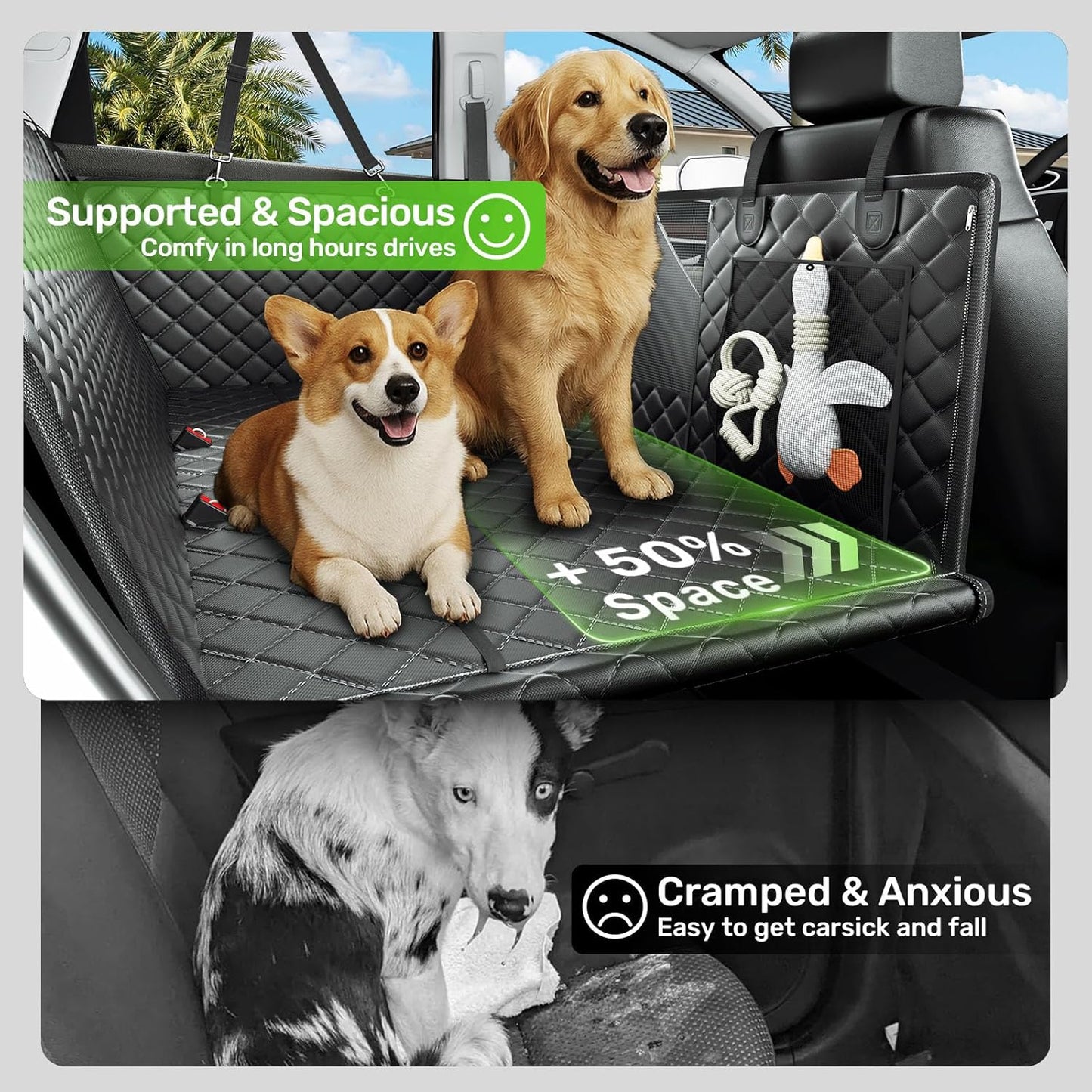 Zanch 2025 Upgraded Dog Car Seat Cover, 400 lbs Heavy Duty Hard Bottom, Waterproof & Anti-Scratch Back Seat Protector, Nonslip Pet Hammock Extender for Large Trucks, SUVs, Vans, XL-Green