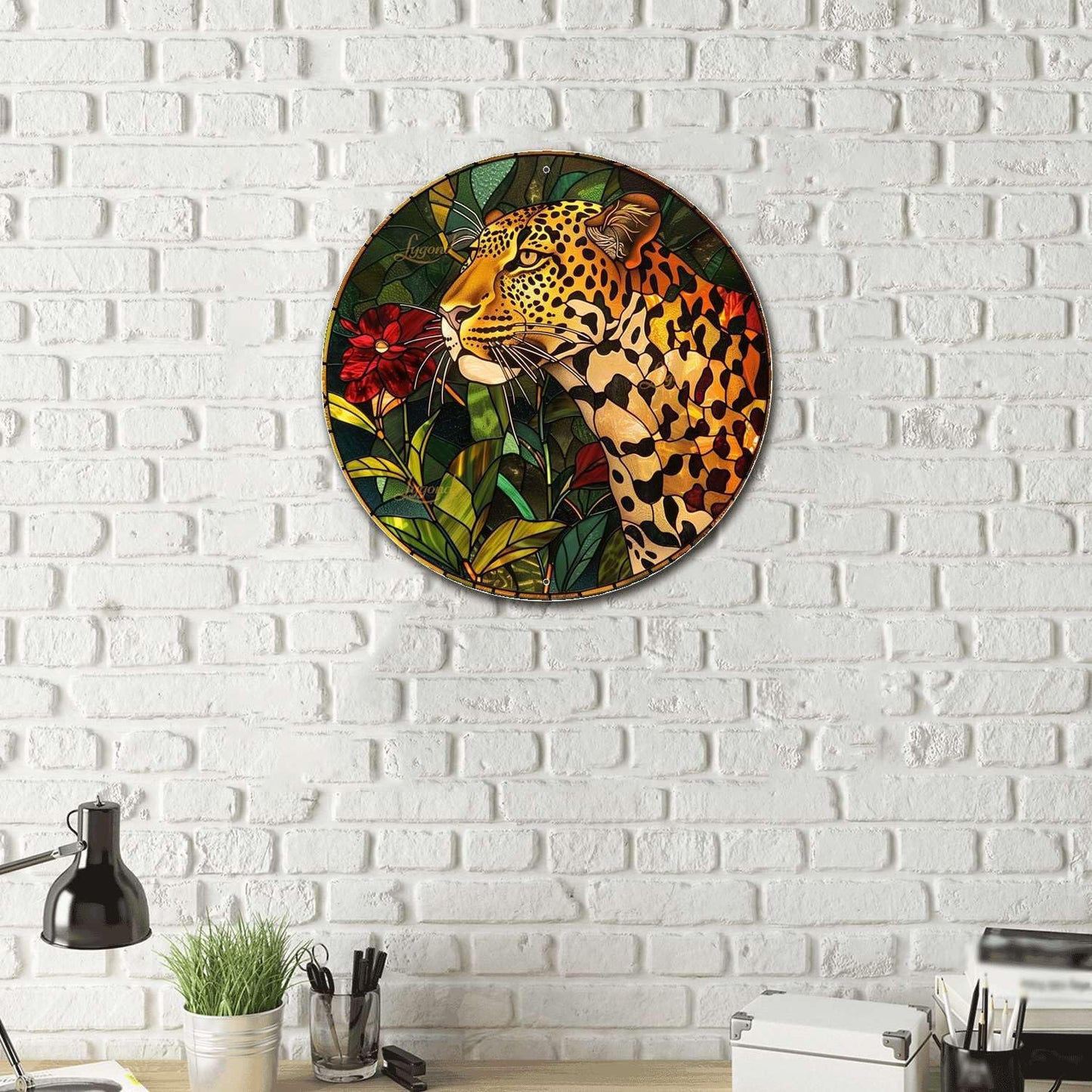 Lygond Metal Sign Tin Sign Circular Stained Glass Leopard Home Decor For Restaurant 8×8 Inches