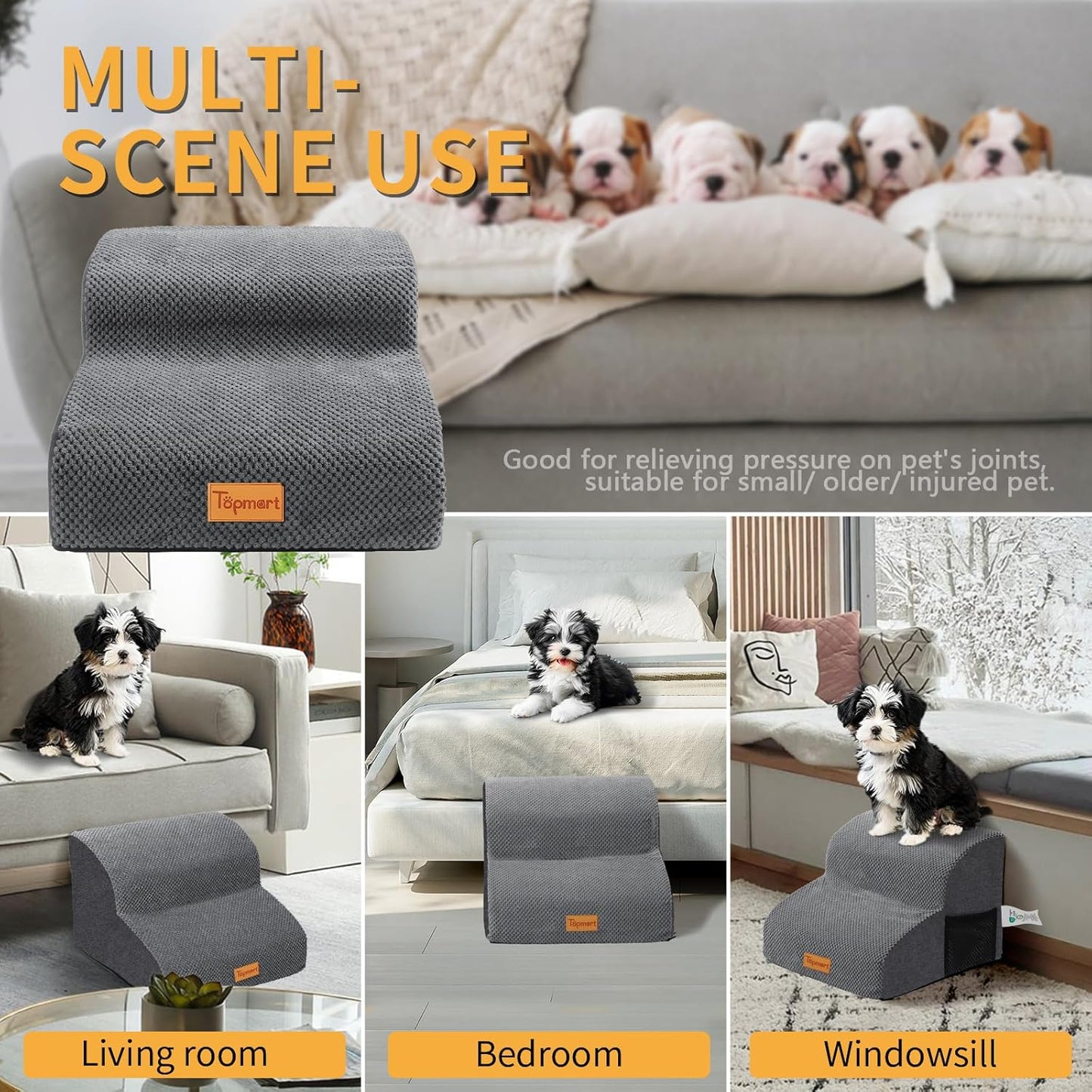 Topmart High Density Foam Pet Steps 2 Tiers,11.8" High,Non-Slip Dog Stairs,Soft Foam Dog Ramp Ladder,Best for Injured,Older Cats,Pets with Joint Pain,Suitable for Low Sofas,Stairs,Lower Place