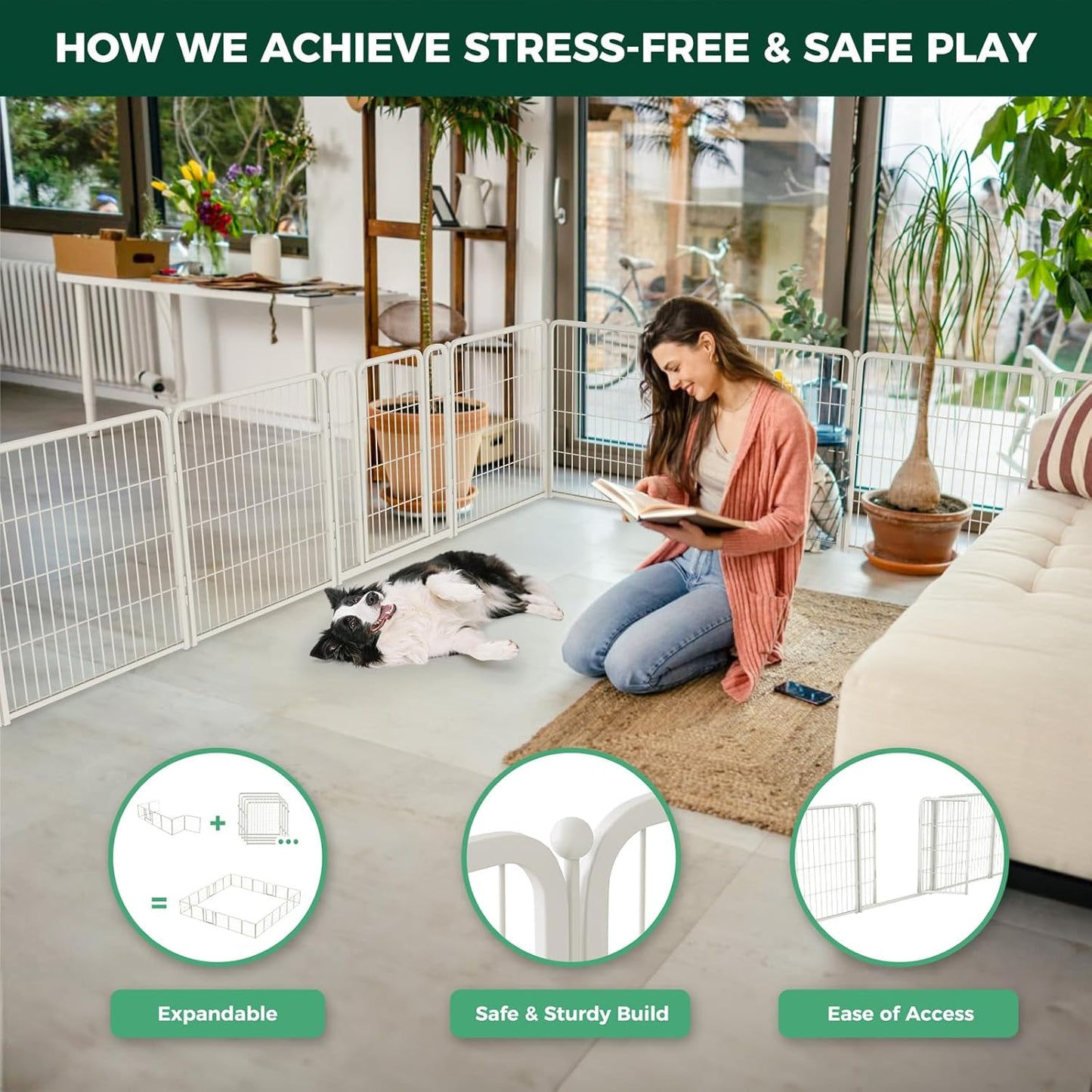 FXW Homeplus Unleashed Indoor Dog Playpen - Stress-Free and Safe Play, Heavy Duty 32 Inch 8 Wire Panels Dog Pen for Small and Medium Dogs, White│Patented